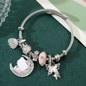 Hello Kitty Charm Pendant Silver & Pink Tone Bangle Bracelet